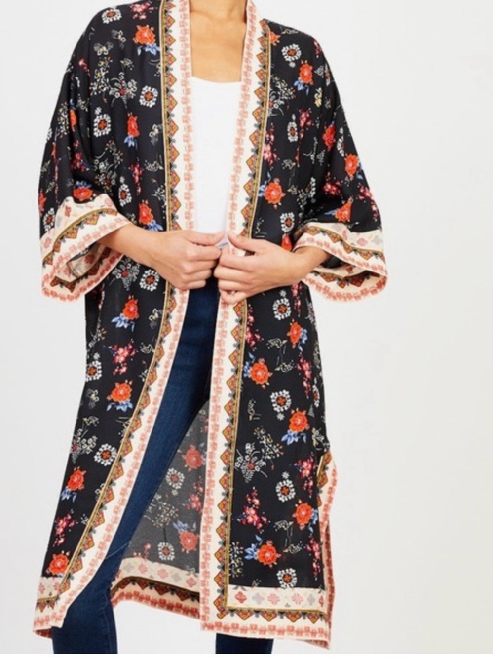 Max Studio Floral Border Kimono